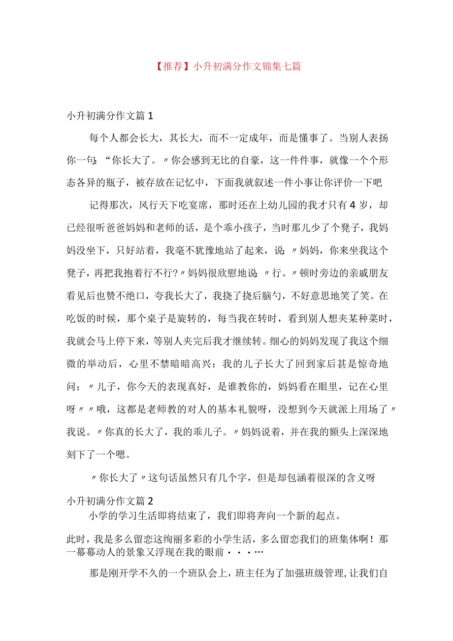 推荐小升初满分作文锦集七篇.docx_第1页