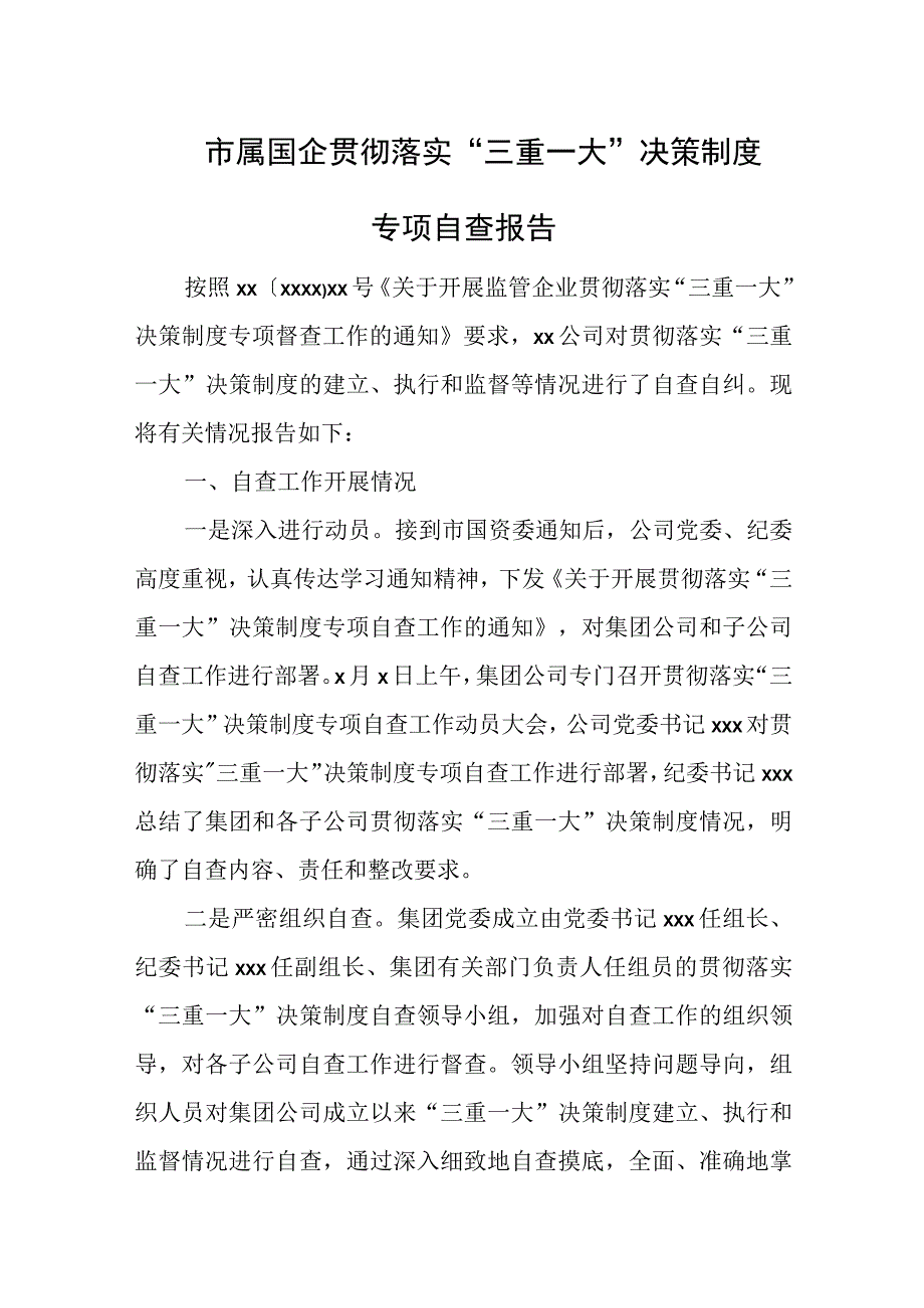 市属国企贯彻落实三重一大决策制度专项自查报告.docx_第1页