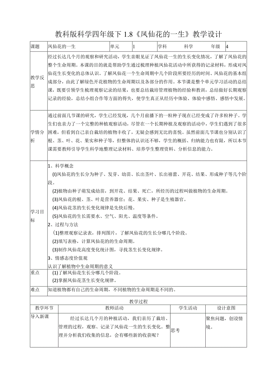 新教科版四年级科学下册18凤仙花的一生优秀教案2套.docx_第1页