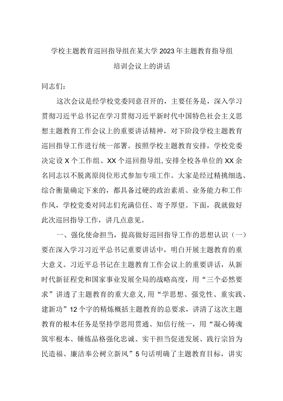 最新公文学校主题教育巡回指导组在某大学2023年主题教育指导组培训会议上的讲话.docx_第1页