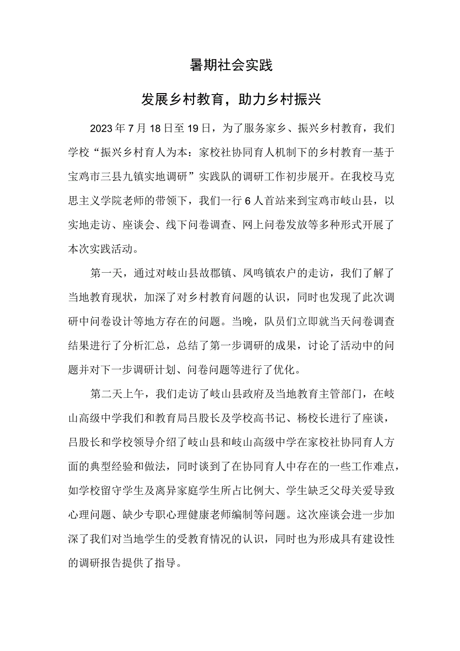 暑期社会实践发展乡村教育助力乡村振兴.docx_第1页