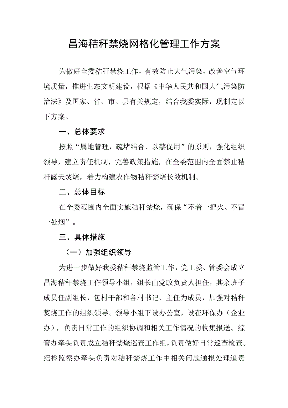 昌海秸秆禁烧网格化管理工作方案.docx_第1页