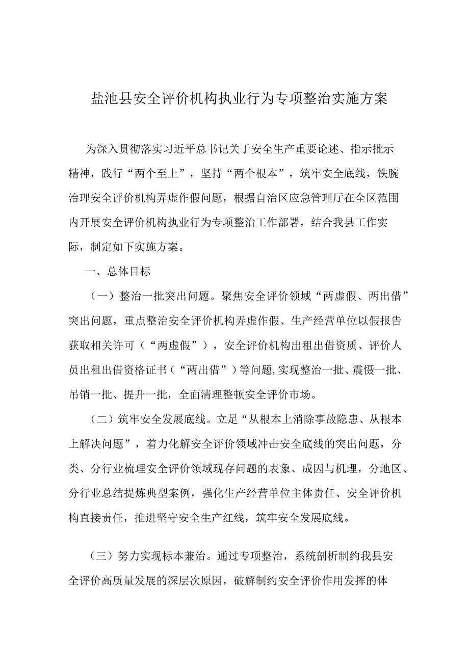 盐池县安全评价机构执业行为专项整治实施方案.docx_第1页