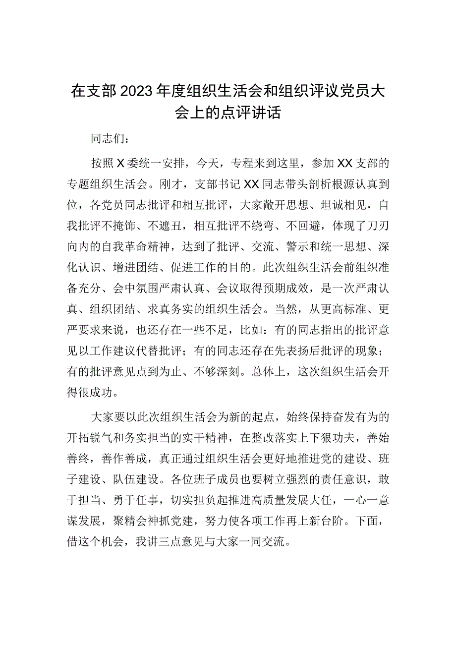 组织生活会和组织评议党员大会讲话：支部2023年度组织生活会和组织评议党员大会上的点评讲话.docx_第1页