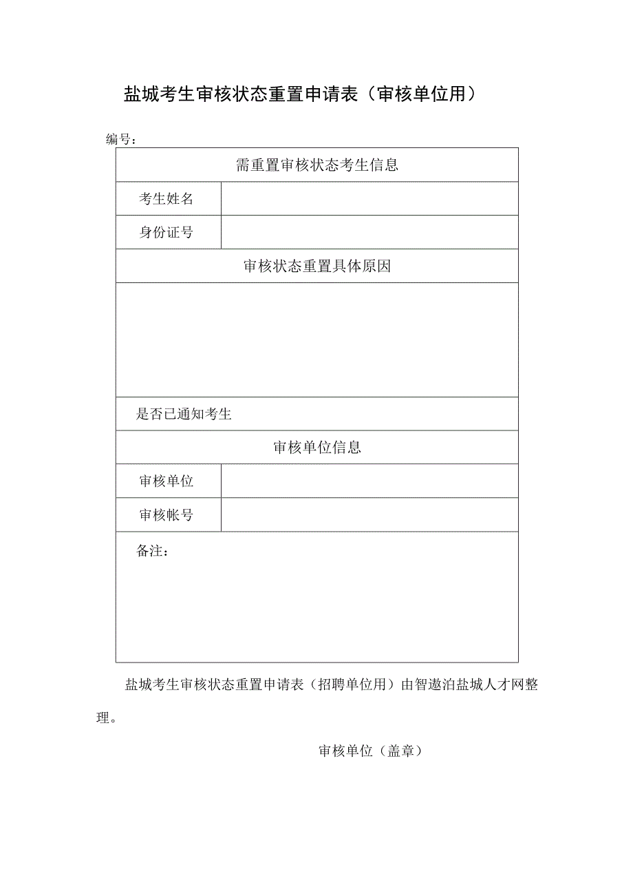 盐城考生审核状态重置申请表招聘单位用.docx_第1页