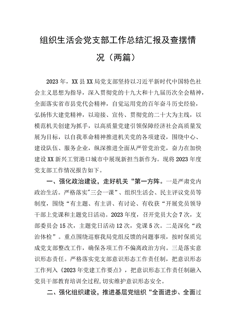 组织生活会党支部工作总结汇报及查摆情况两篇.docx_第1页