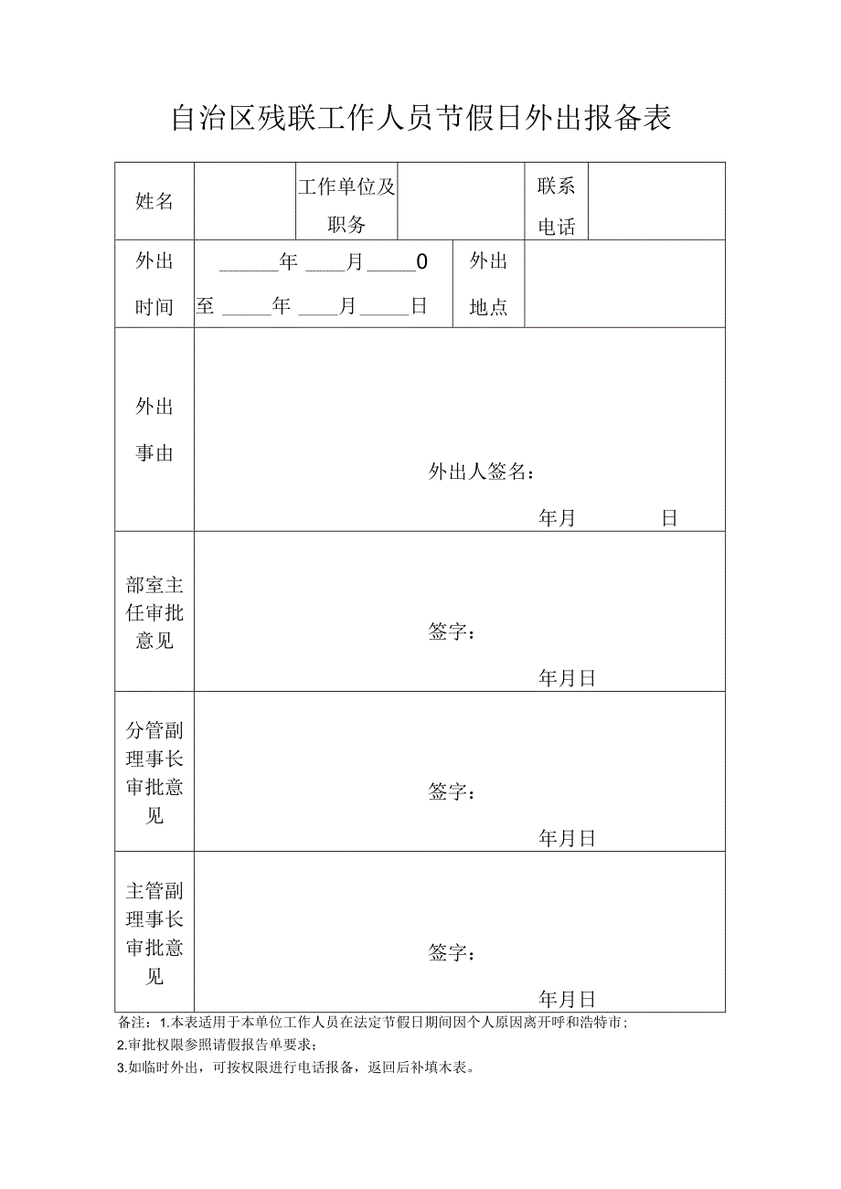 自治区残联工作人员节假日外出报备表.docx_第1页