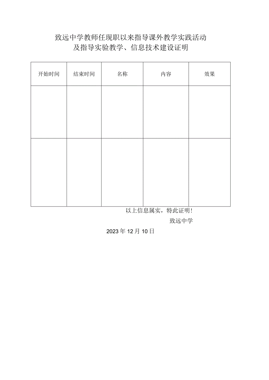 致远中学教师任现职以来指导课外教学实践活动及指导实验教学信息技术建设证明.docx_第1页