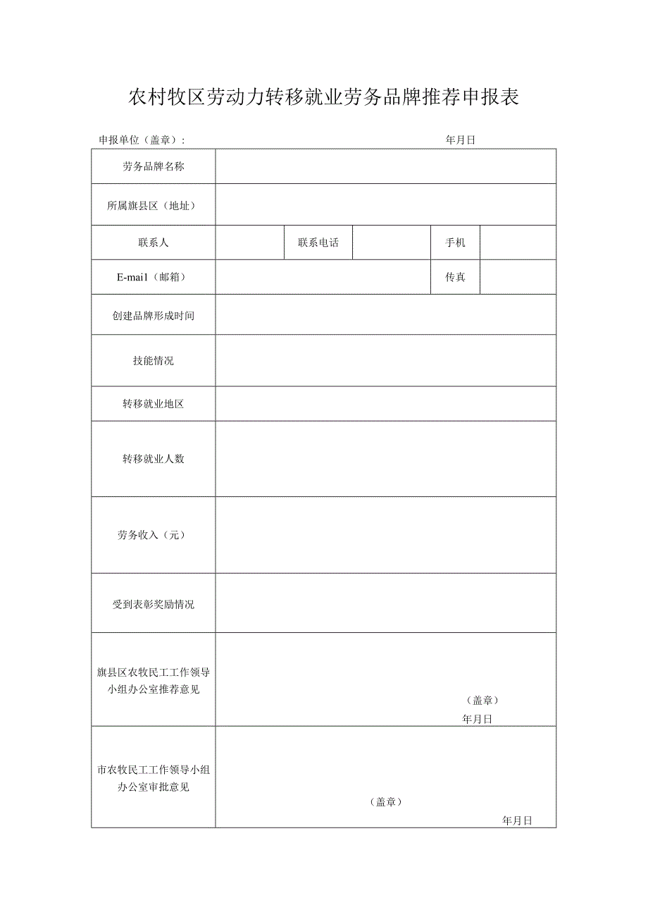 赤峰农村牧区劳动力转移就业劳务品牌推荐申报表.docx_第1页