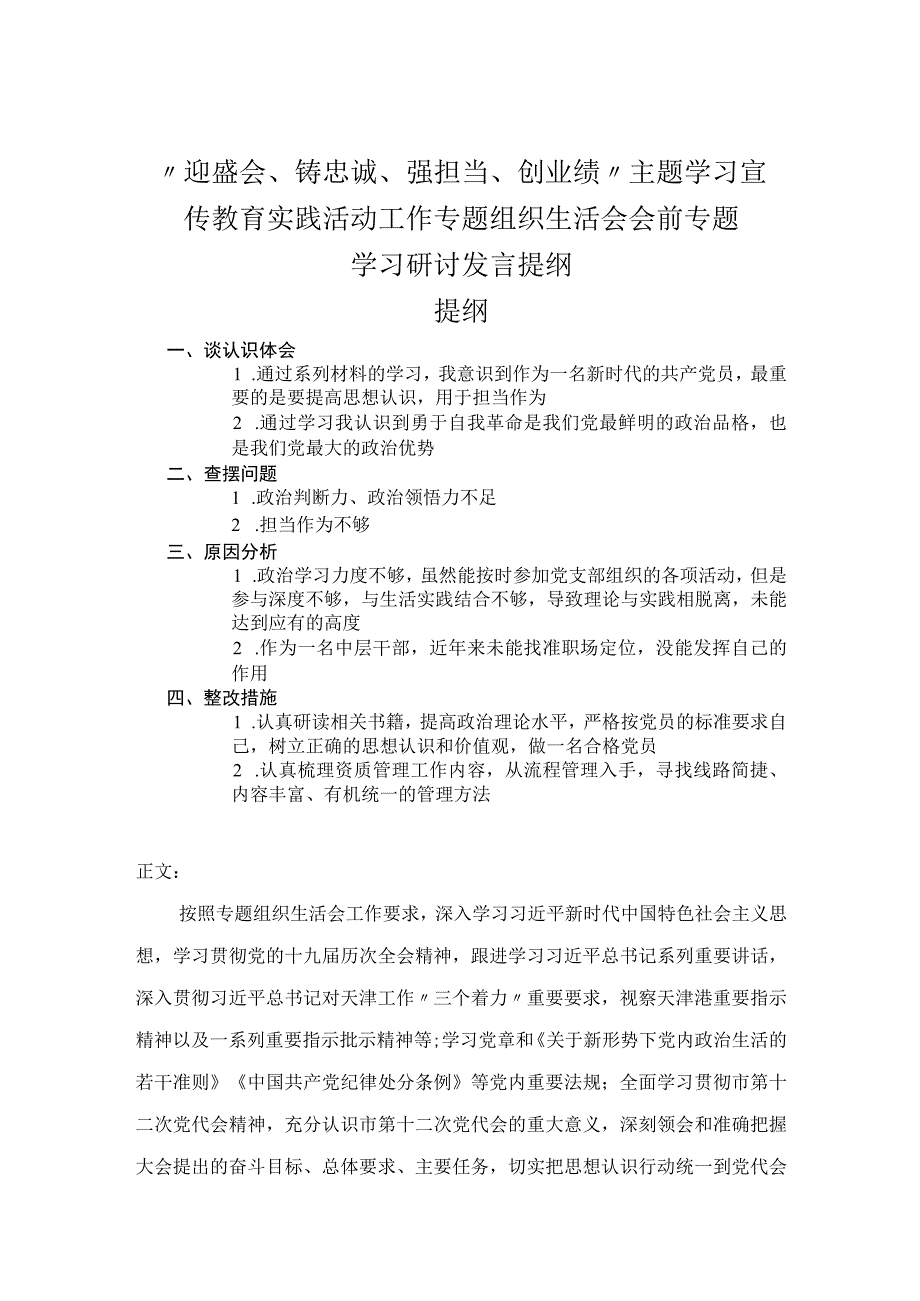 迎盛会铸忠诚强担当创业绩主题学习宣传教育实践活动工作专题组织生活会会前专题学习研讨发言提纲.docx_第1页