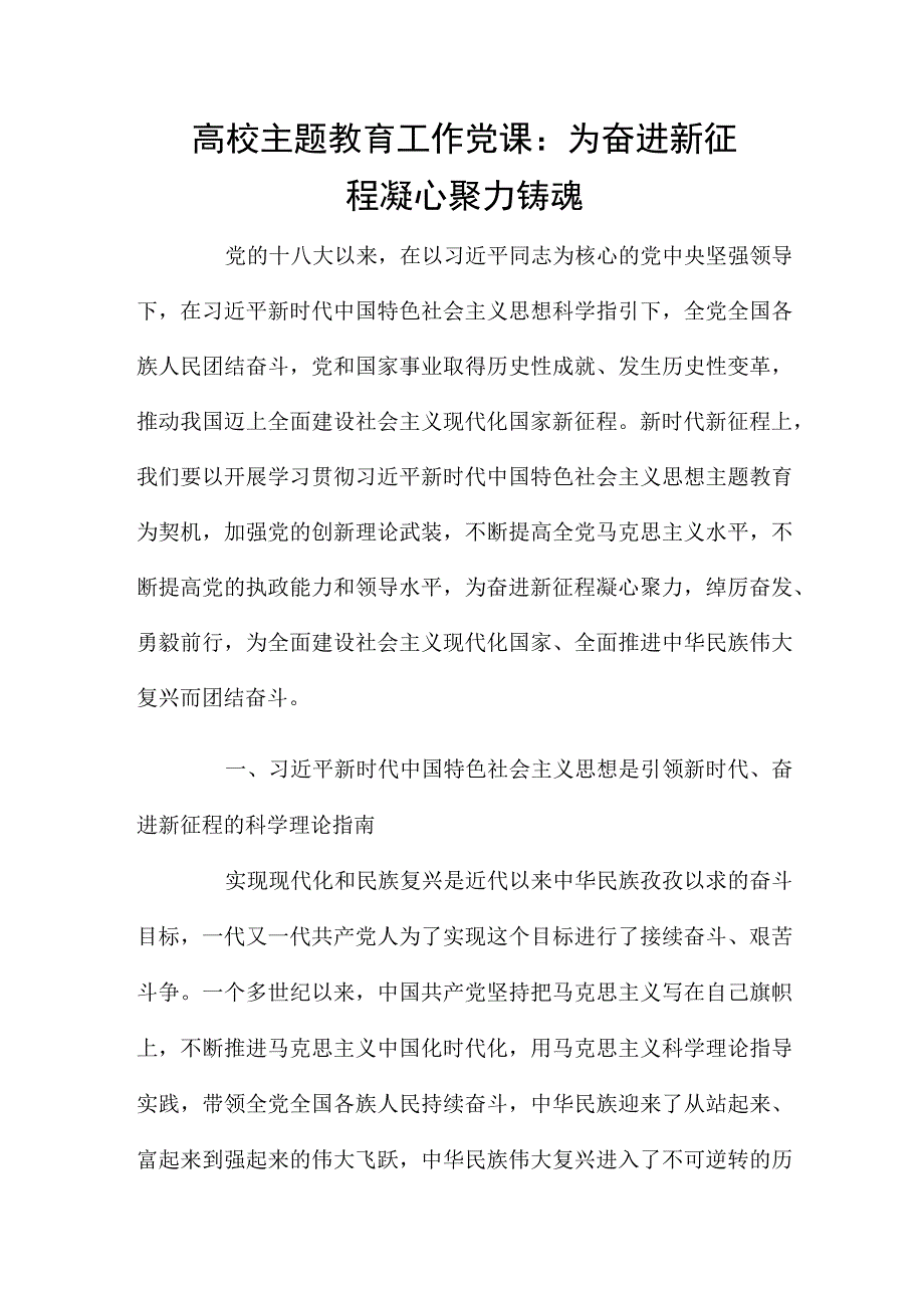 高校主题教育工作党课：为奋进新征程凝心聚力铸魂.docx_第1页