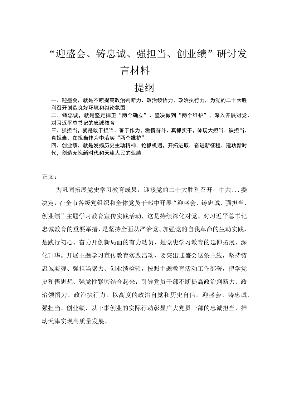 迎盛会铸忠诚强担当创业绩研讨发言材料.docx_第1页