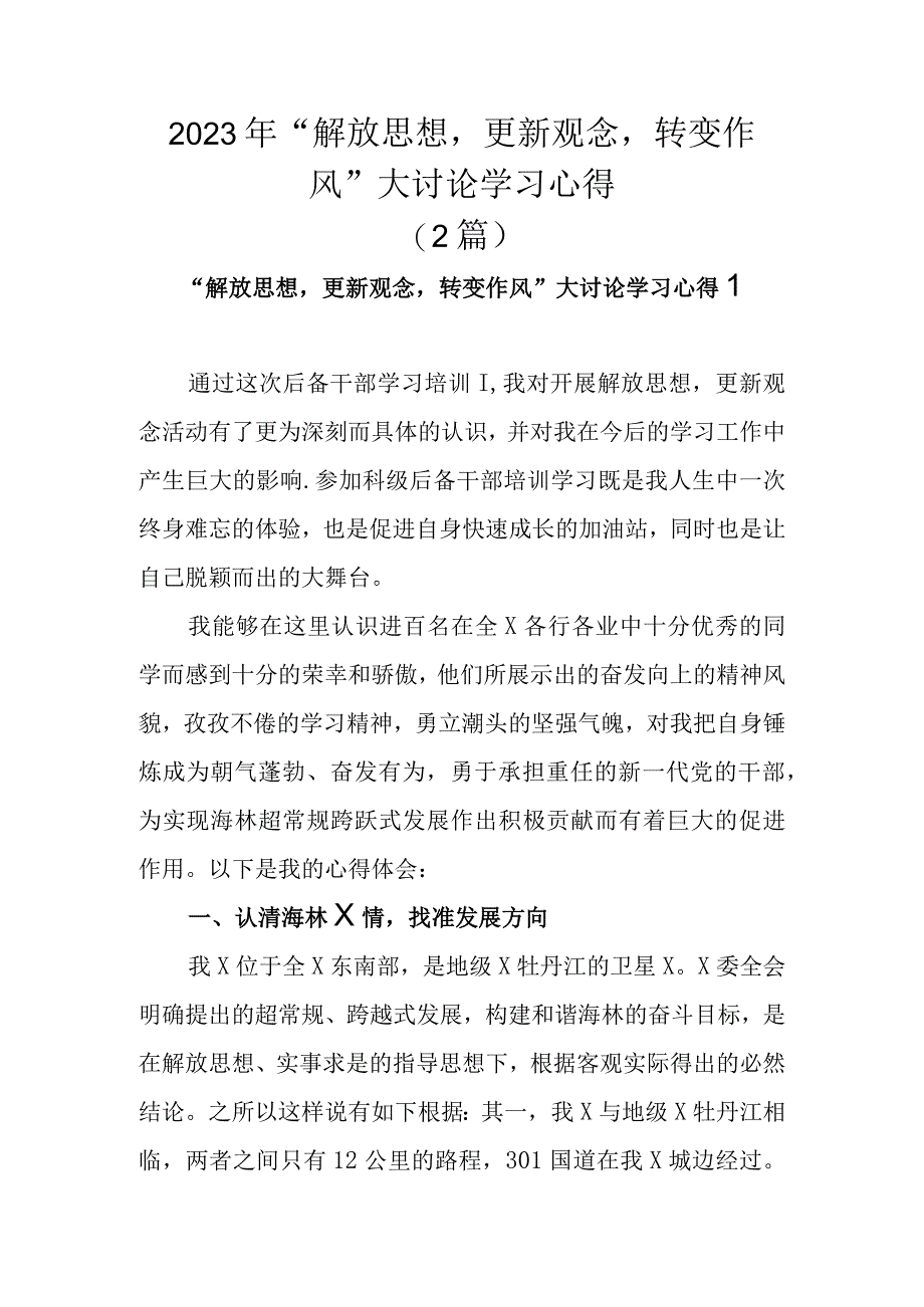 解放思想转变作风大讨论：解放思想更新观念转变作风大讨论学习心得2篇.docx_第1页