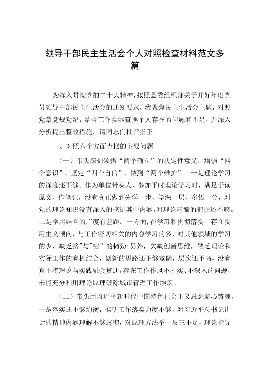 领导干部民主生活会个人对照检查材料范文多篇.docx_第1页