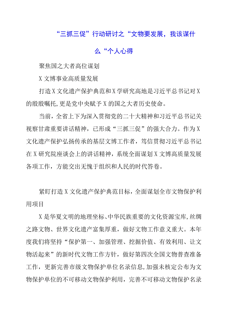 2023年三抓三促行动研讨之文物要发展我该谋什么个人心得.docx_第1页