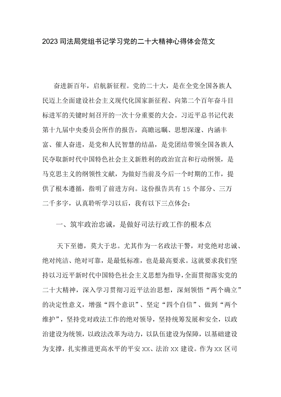 2023司法局党组书记学习党的二十大精神心得体会范文.docx_第1页