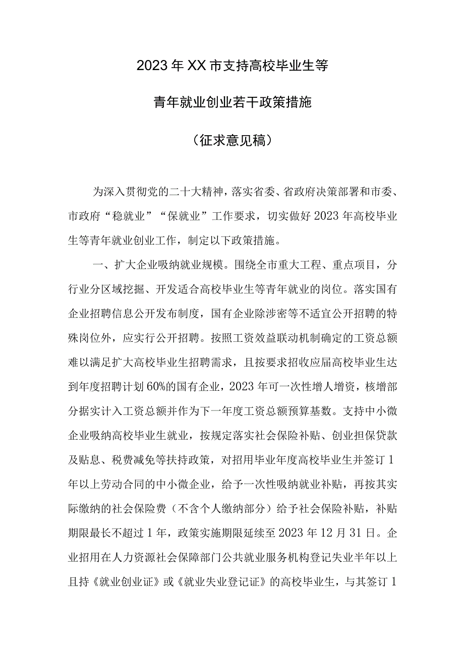 2023年XX市支持高校毕业生等青年就业创业若干政策措施征求意见稿.docx_第1页