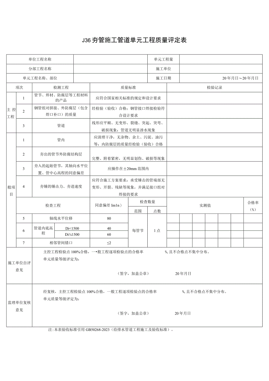 2023年夯管施工管道单元工程质量评定表.docx_第1页