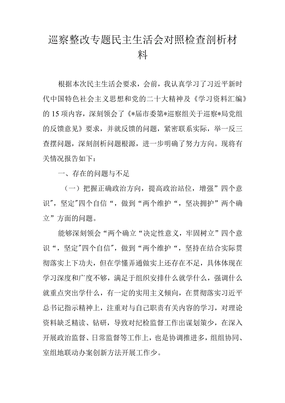 2023年巡察整改专题民主生活会对照检查剖析材料 两篇.docx_第1页