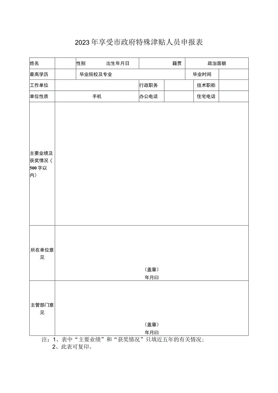 2023年享受市政府特殊津贴人员申报表.docx_第1页