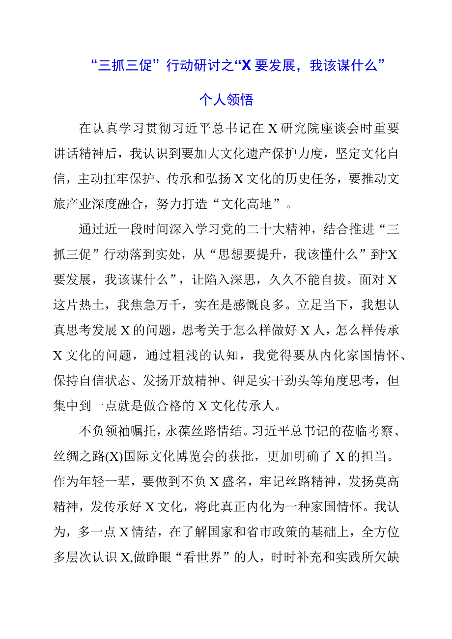 2023年三抓三促行动研讨之X要发展我该谋什么个人领悟.docx_第1页