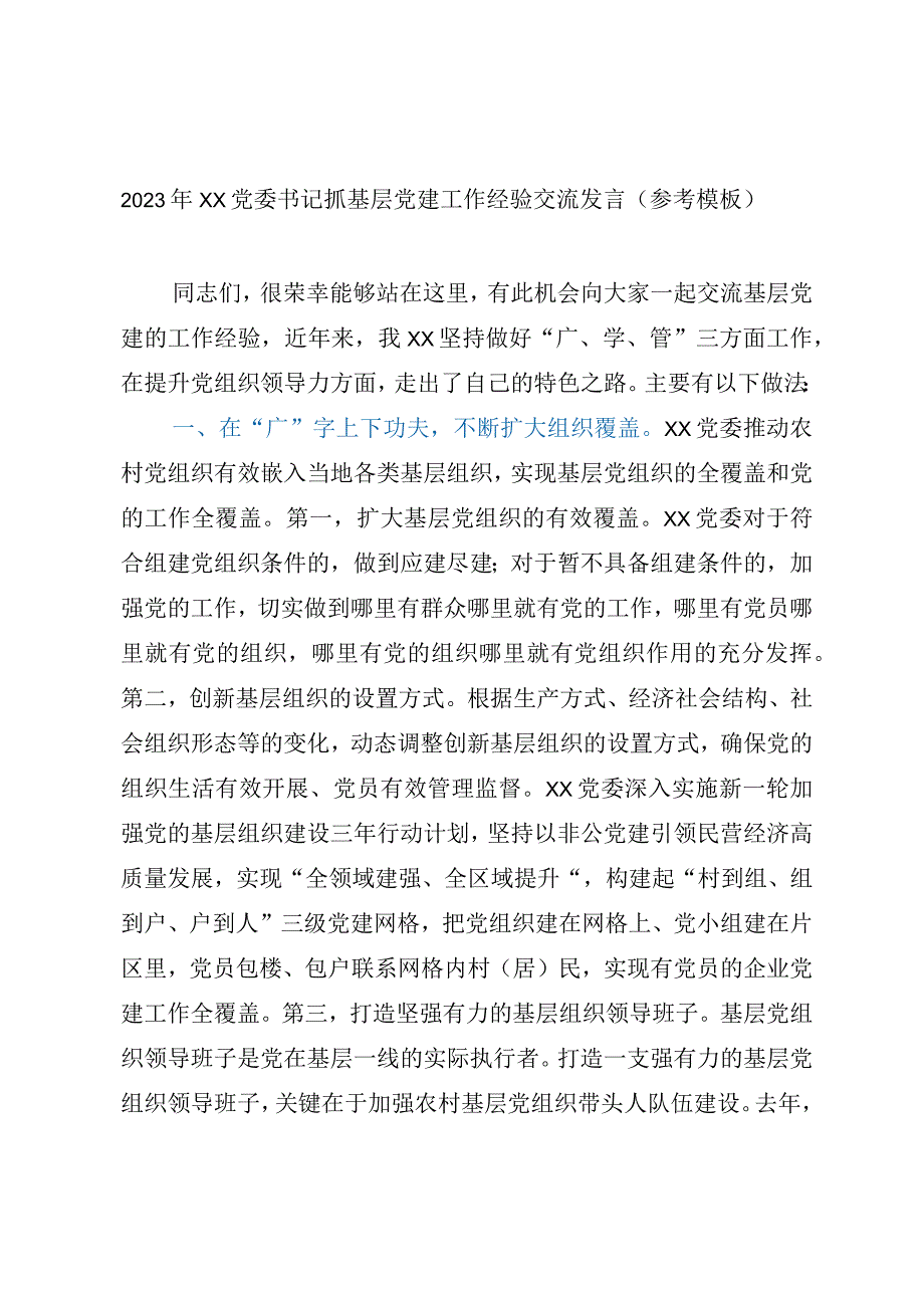 2023年XX党委书记抓基层党建工作经验交流发言参考模板.docx_第1页