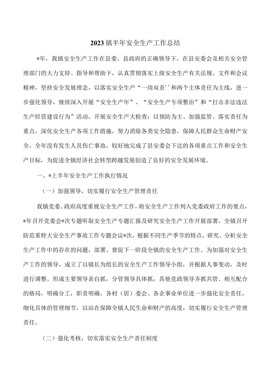 2023镇半年安全生产工作总结.docx_第1页