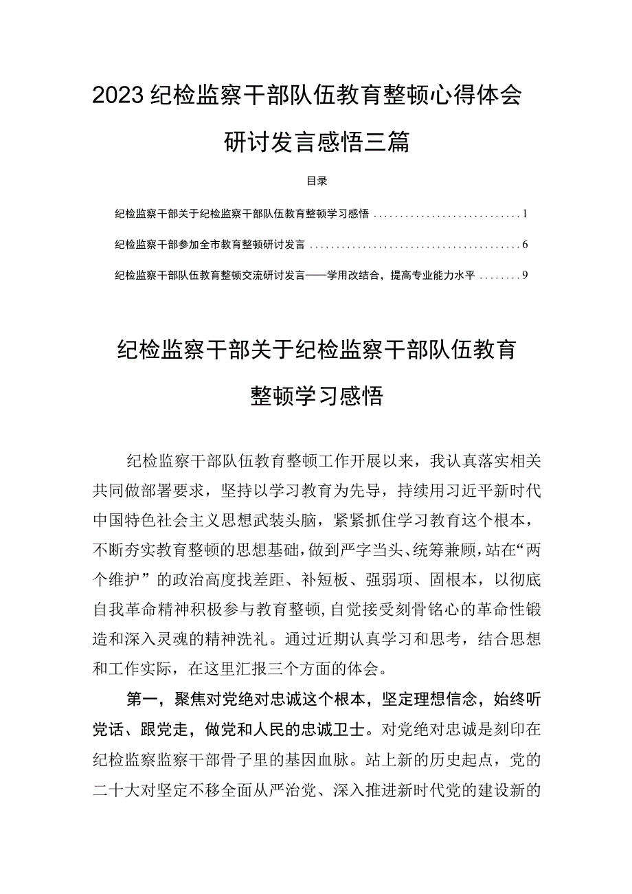 2023纪检监察干部队伍教育整顿心得体会研讨发言感悟三篇.docx_第1页