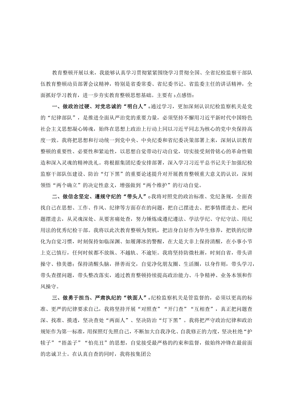 2篇2023年纪检监察干部队伍教育整顿学习感悟发言稿.docx_第1页