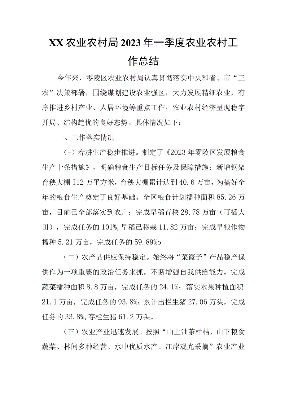 XX农业农村局2023年一季度农业农村工作总结.docx_第1页