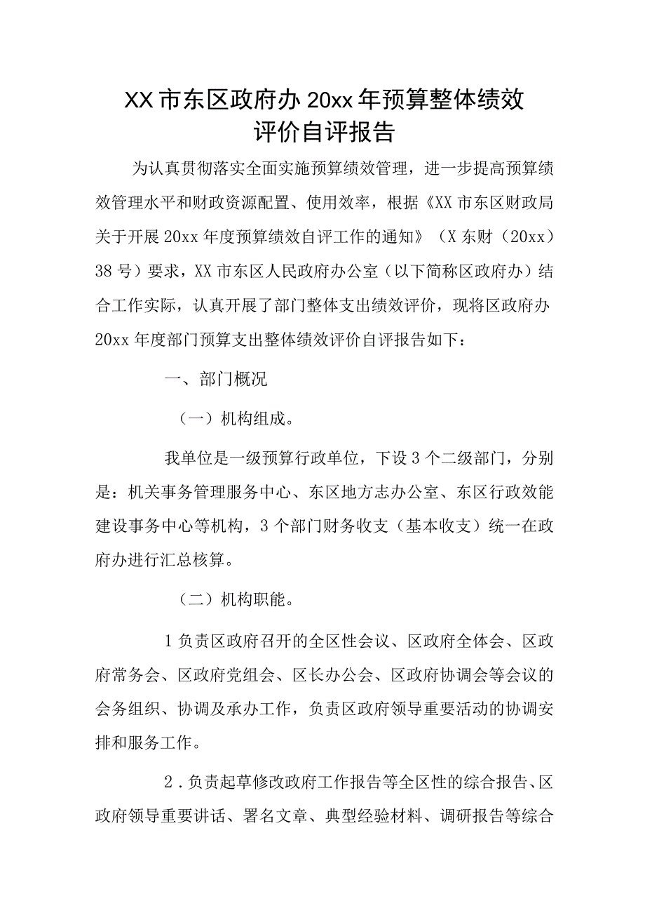 xx市东区政府办20xx年预算整体绩效评价自评报告.docx_第1页