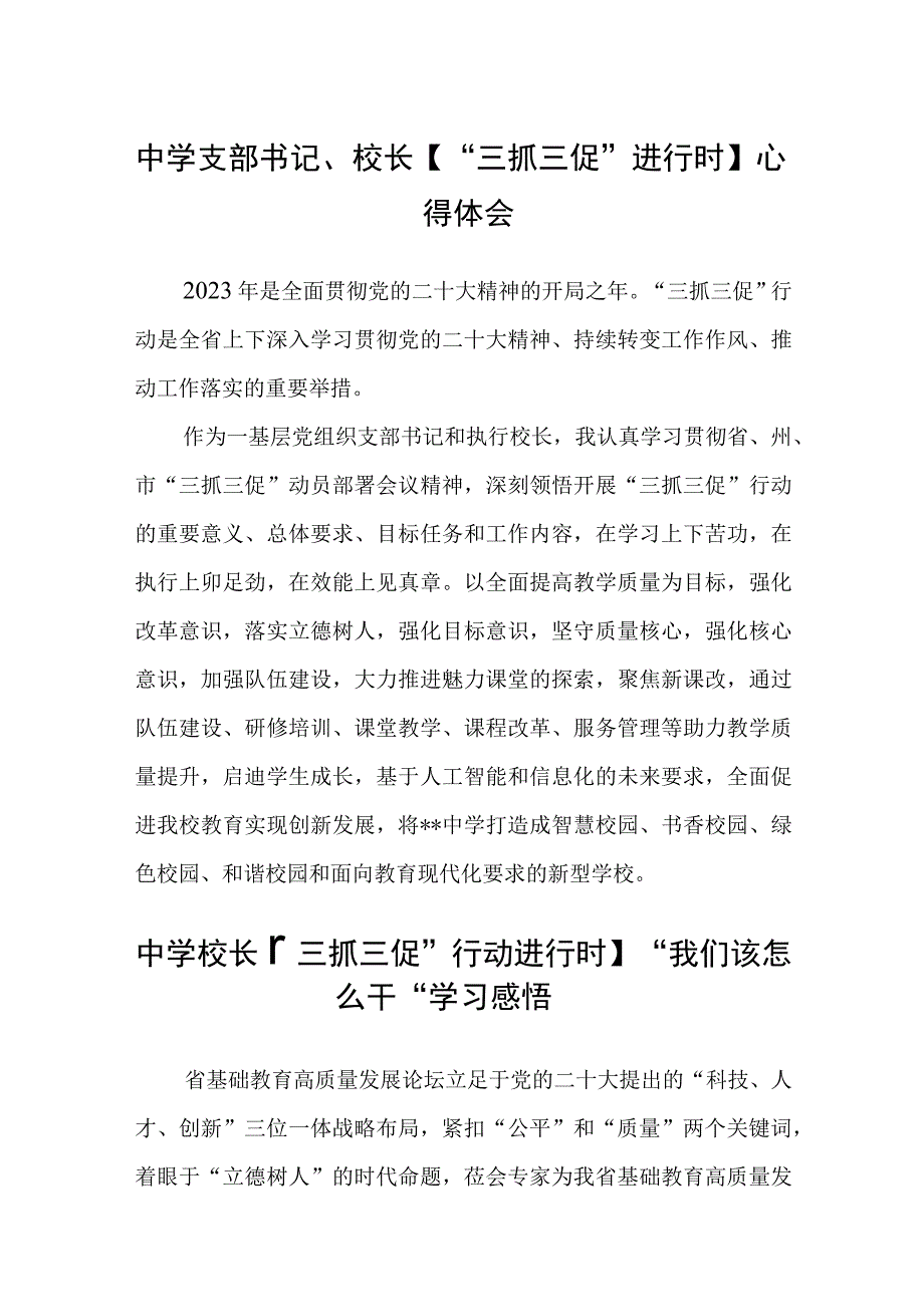 中学支部书记校长三抓三促进行时心得体会精选范文三篇.docx_第1页