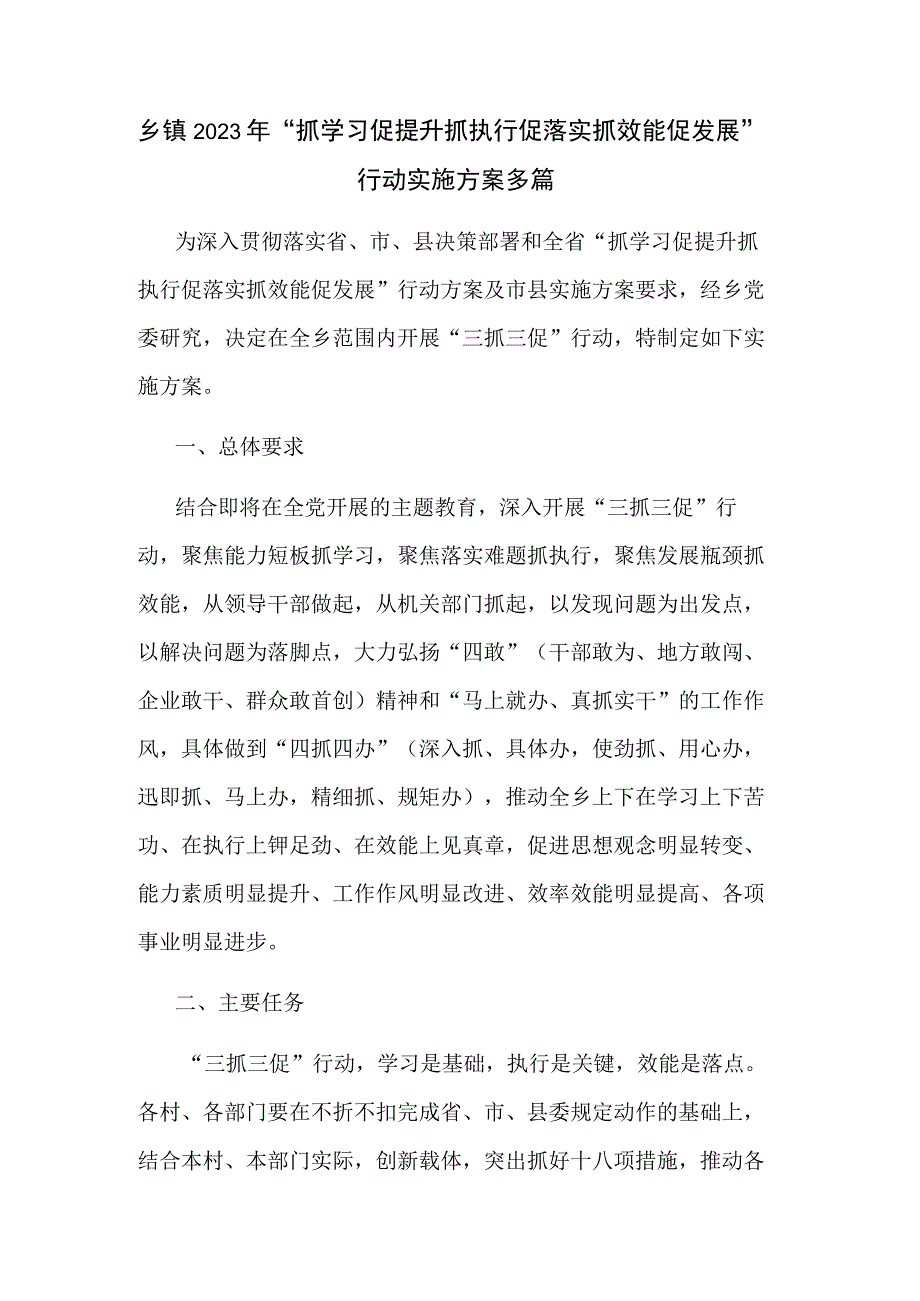 乡镇2023年抓学习促提升抓执行促落实抓效能促发展行动实施方案多篇.docx_第1页