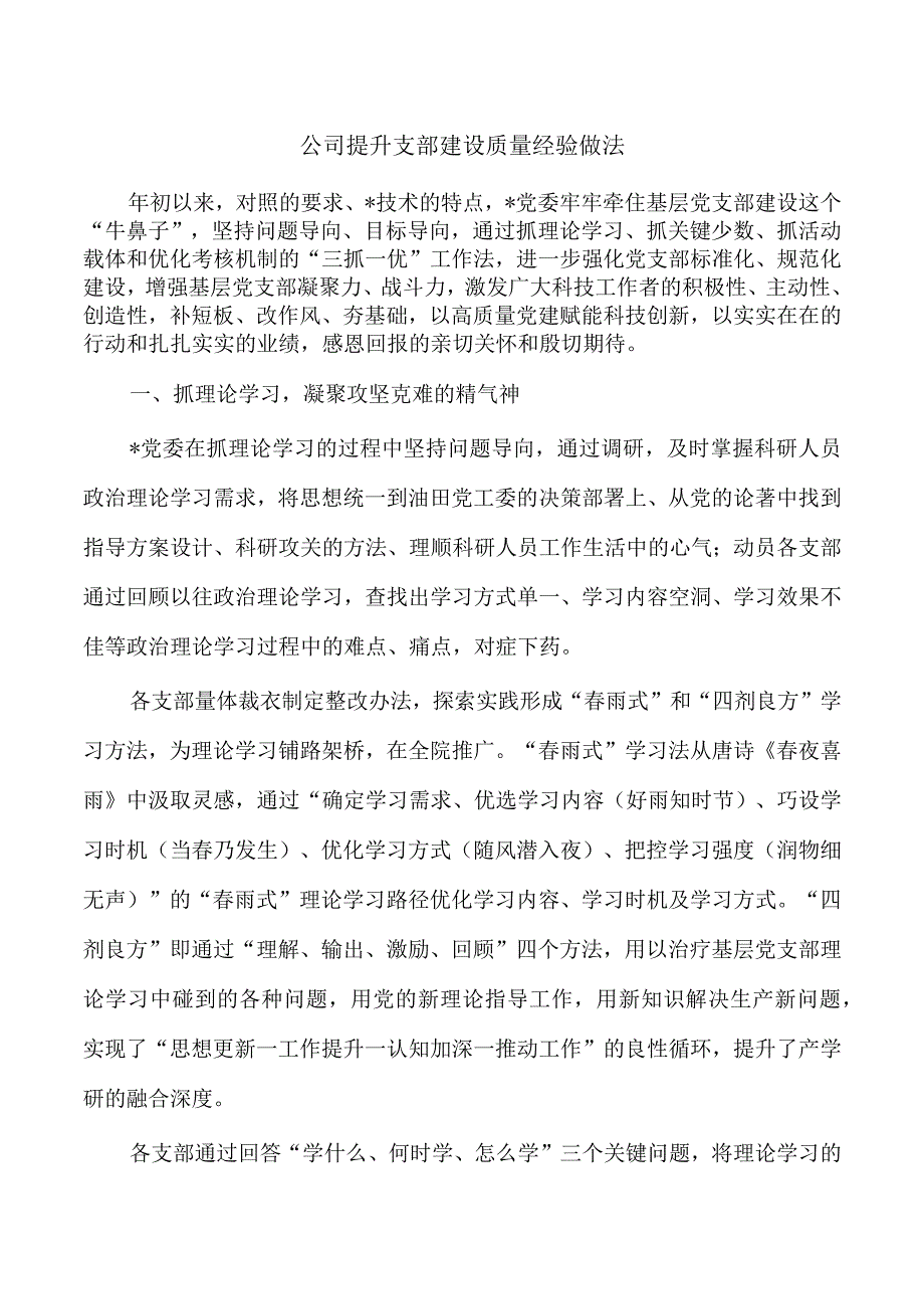 公司提升支部建设质量经验做法.docx_第1页