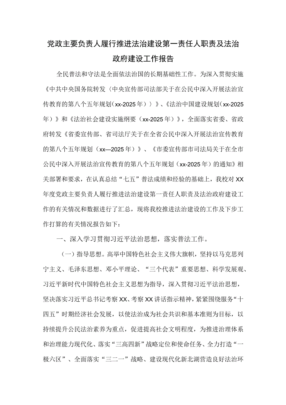 党政主要负责人履行推进法治建设第一责任人职责及法治政府建设工作报告.docx_第1页