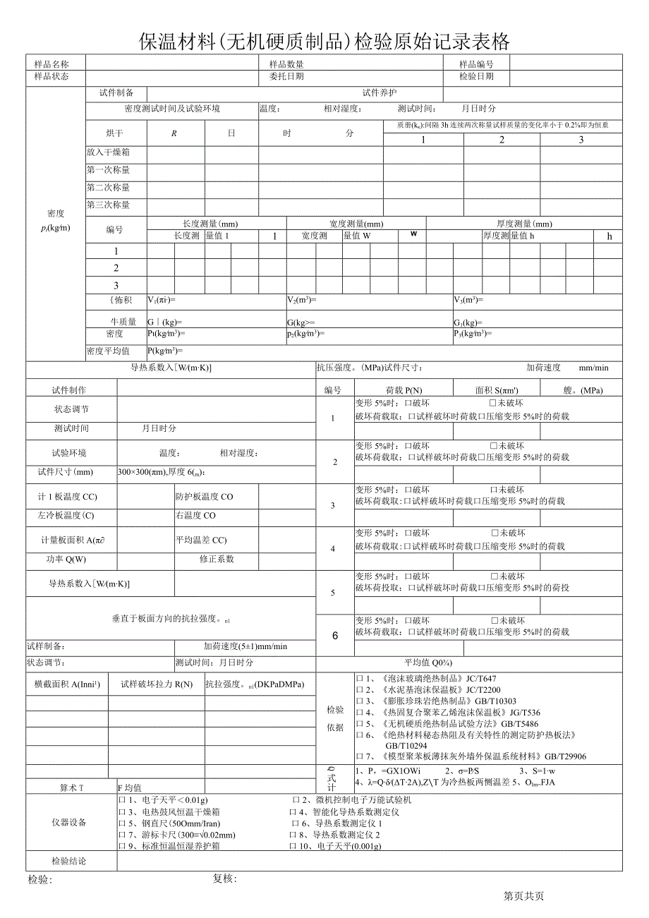 保温材料无机硬质制品检验原始记录表格.docx_第1页