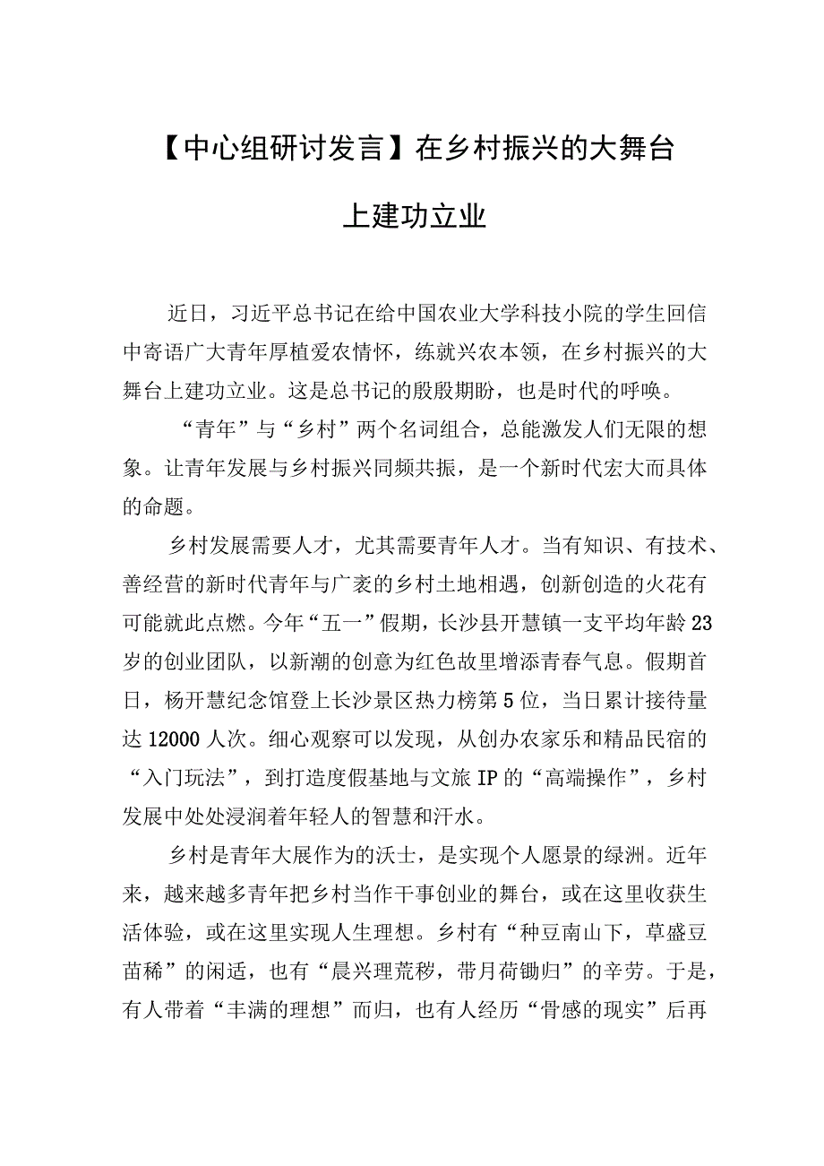 中心组研讨发言在乡村振兴的大舞台上建功立业.docx_第1页