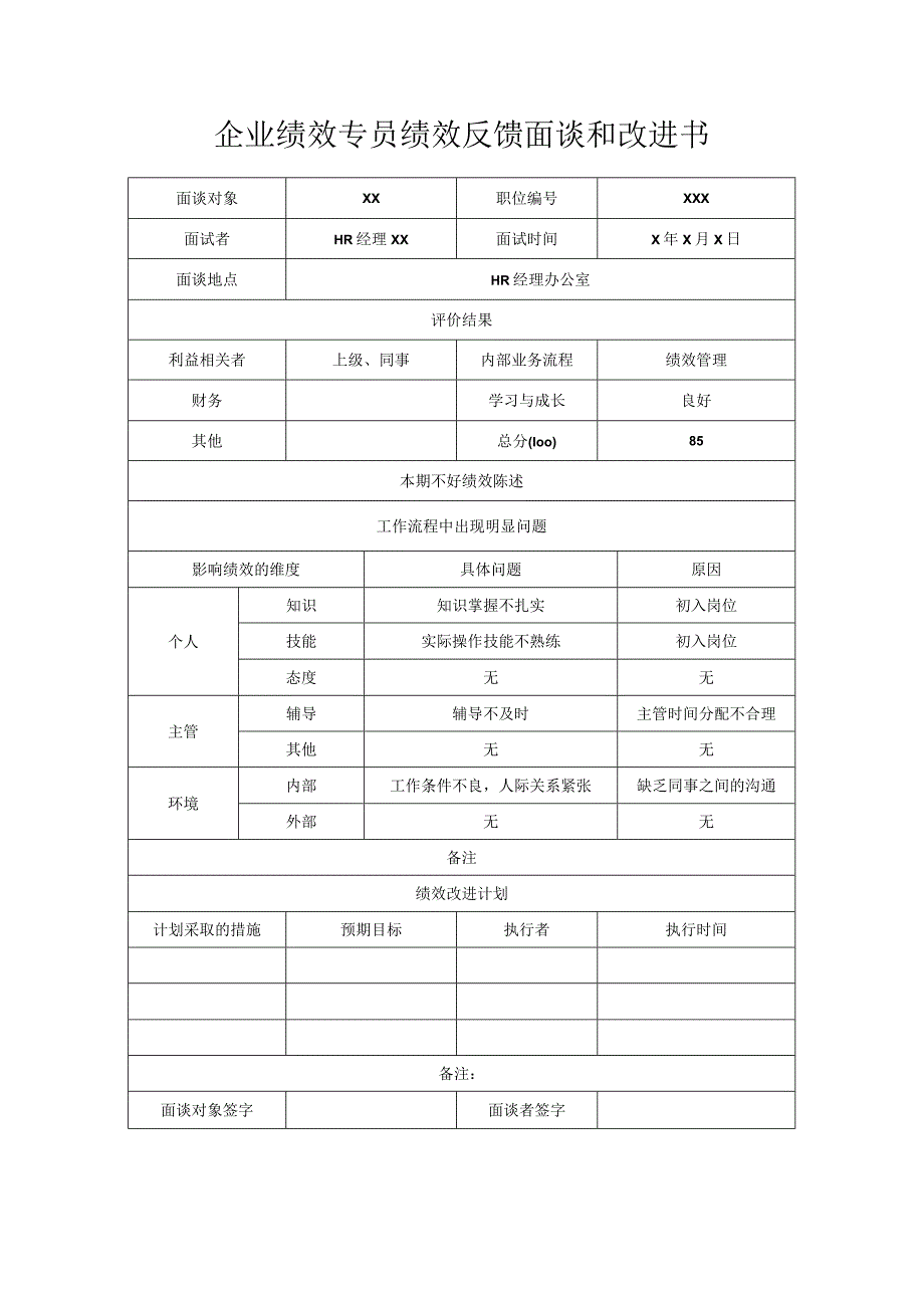 企业绩效专员绩效反馈面谈和改进书.docx_第1页