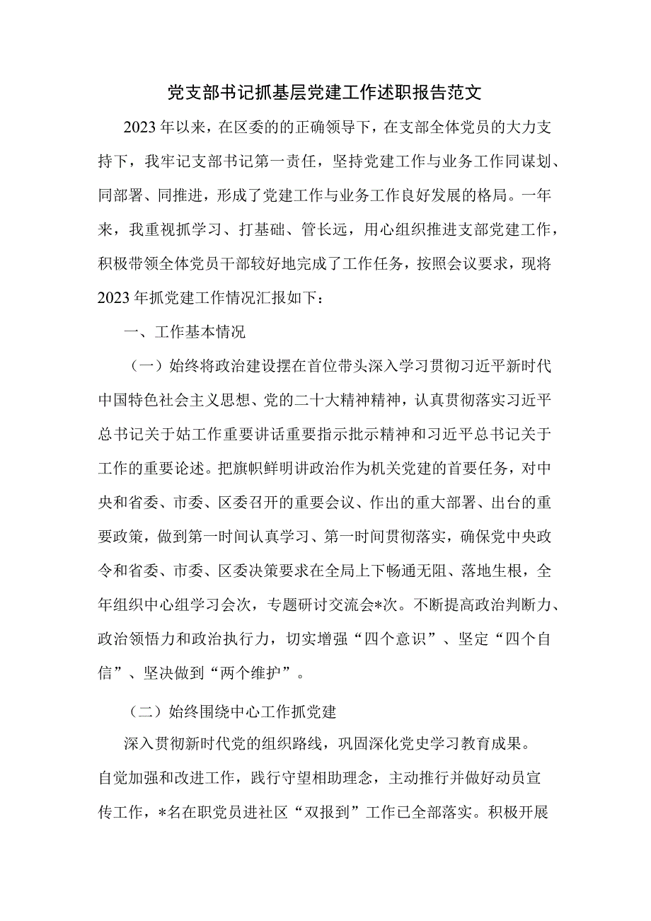 党支部书记抓基层党建工作述职报告范文.docx_第1页