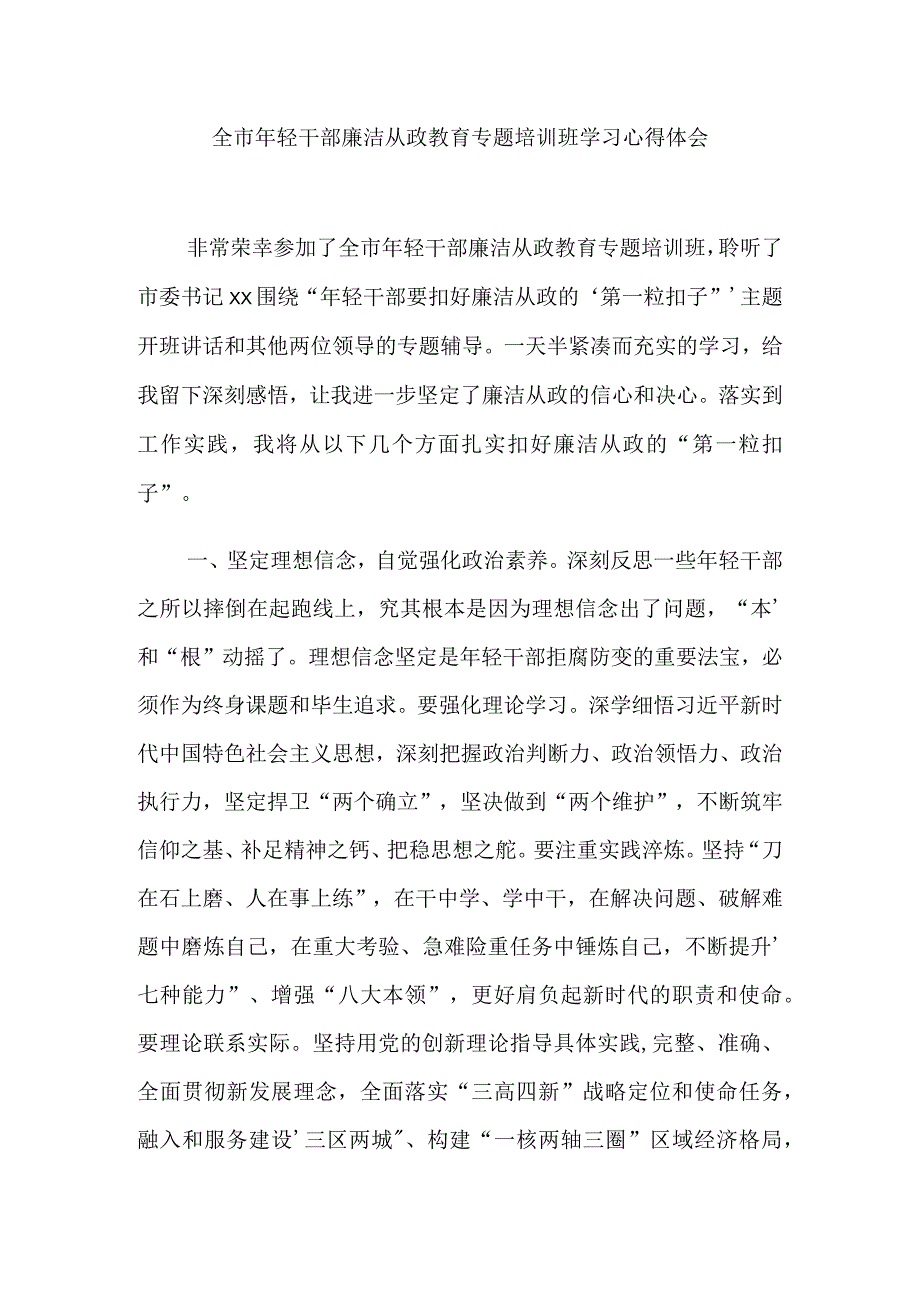 全市年轻干部廉洁从政教育专题培训班学习心得体会.docx_第1页