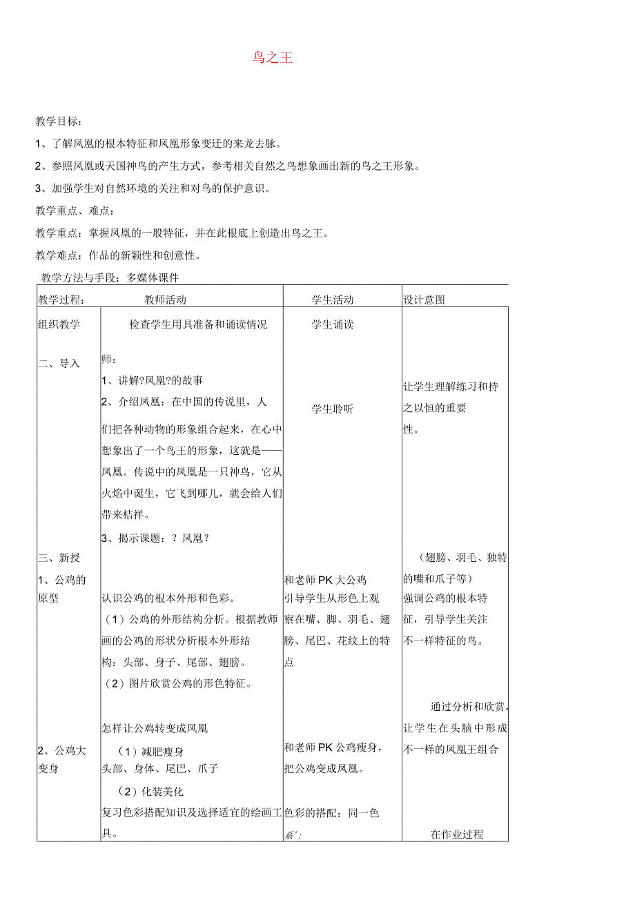 三年级上美术教学设计C鸟之王_湘美版.docx_第1页