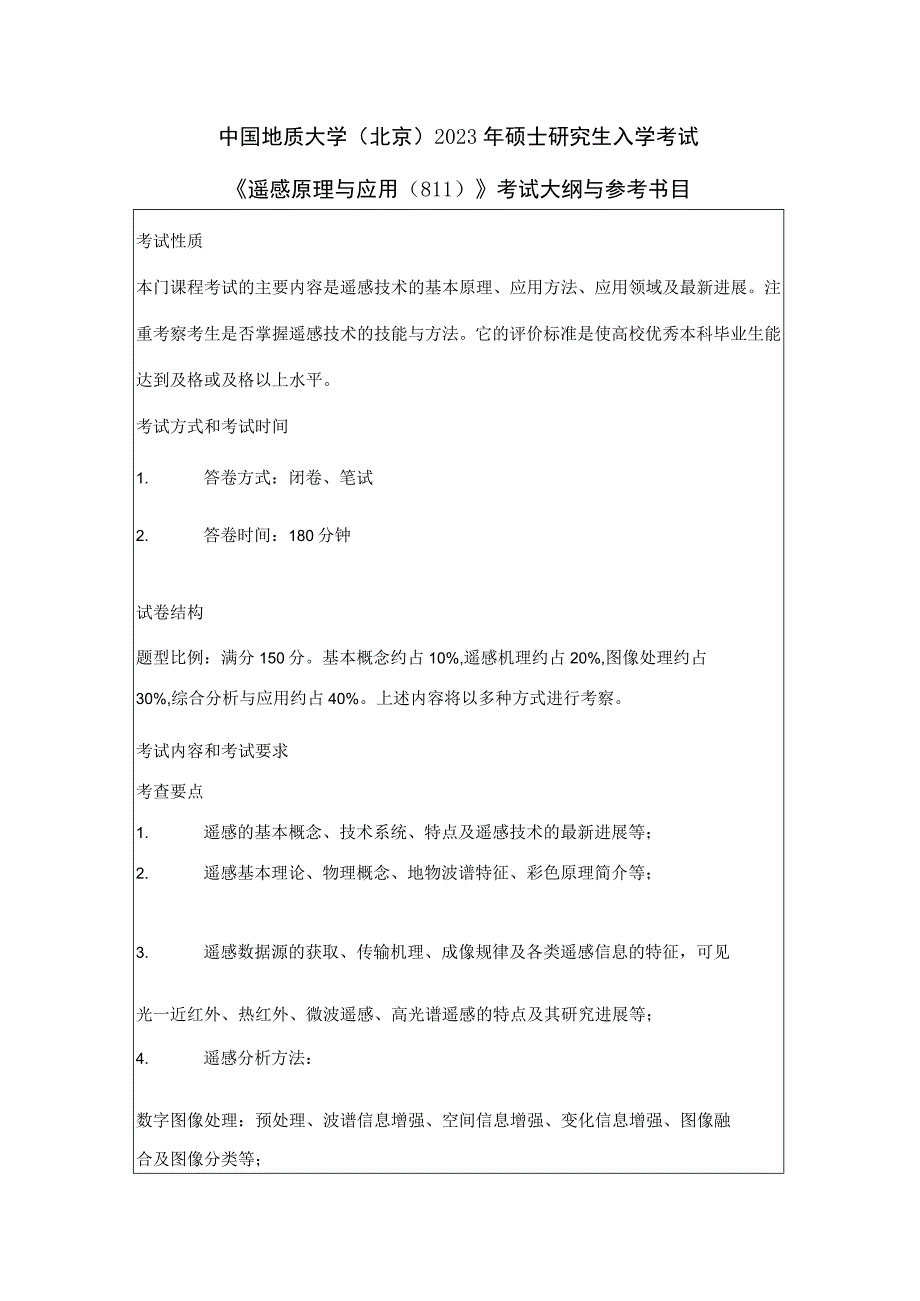 中国地质大学北京2023年硕士遥感原理与应用811考试大纲与参考书目.docx_第1页