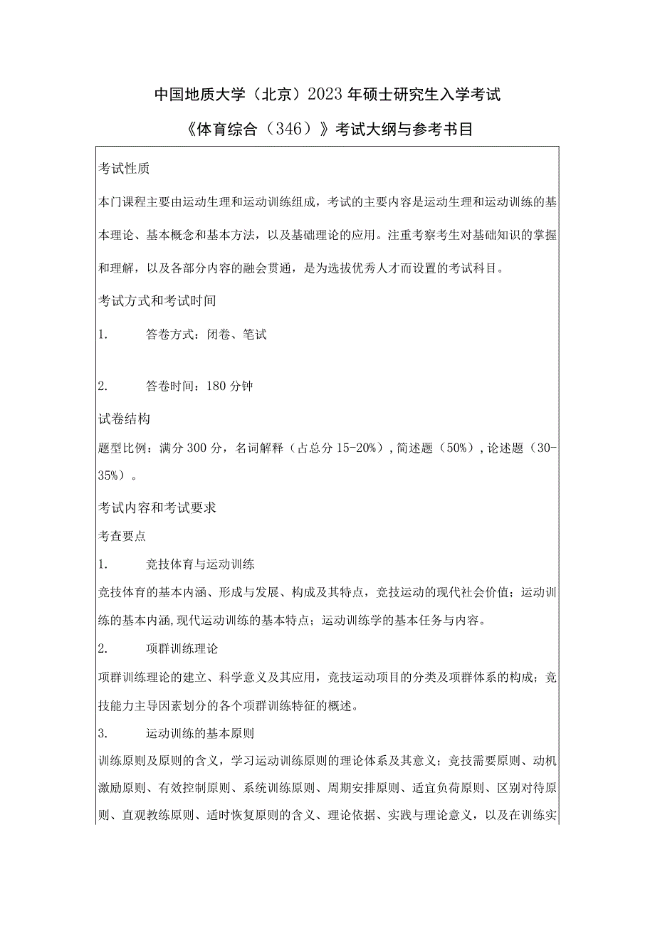 中国地质大学北京2023年硕士体育综合346考试大纲与参考书目.docx_第1页