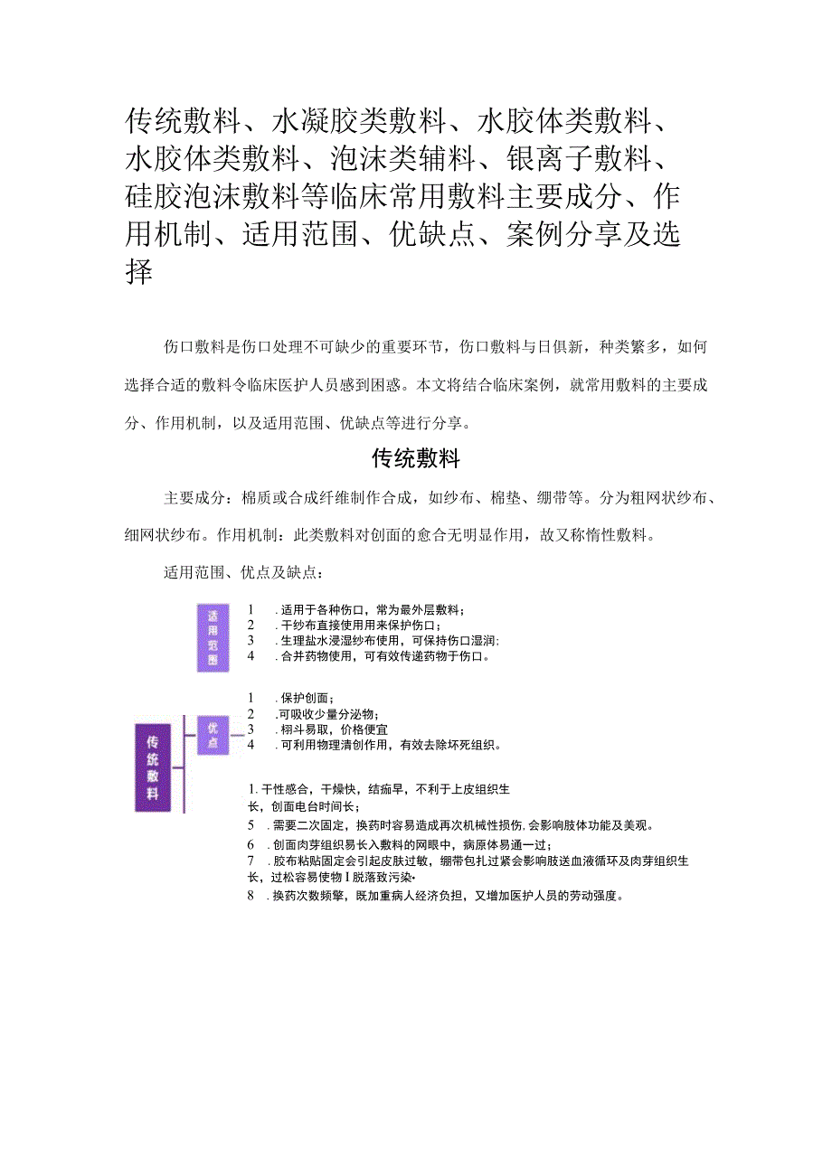 传统敷料水凝胶类敷料水胶体类敷料水胶体类敷料泡沫类辅料银离子敷料硅胶泡沫敷料等临床常用敷料主要成分作用机制适用范.docx_第1页