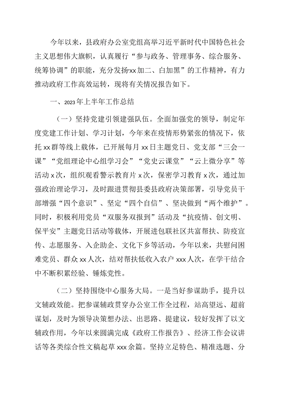 人民政府办公室党组关于2023年上半年工作总结和下半年工作思路的报告.docx_第1页