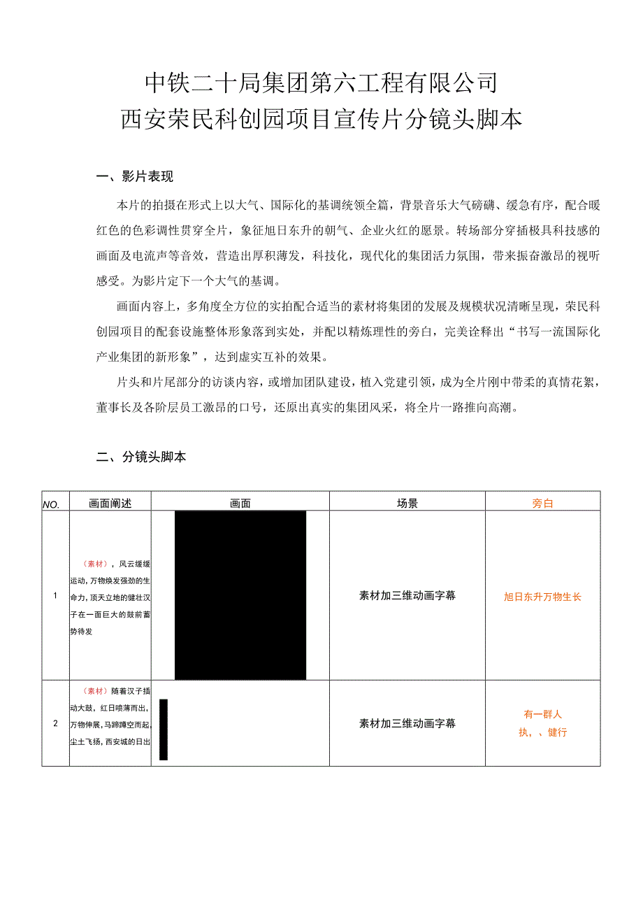 中铁二十局集团第六工程有限公司西安荣民科创园项目宣传片分镜头脚本.docx_第1页