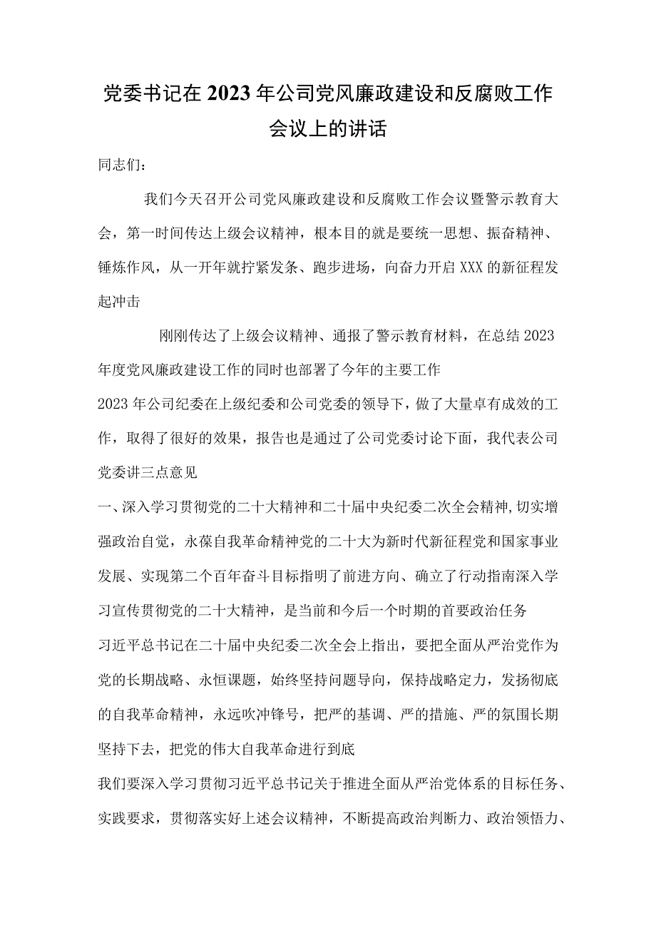 党委书记在2023年公司党风廉政建设和反腐败工作会议上的讲话文件.docx_第1页