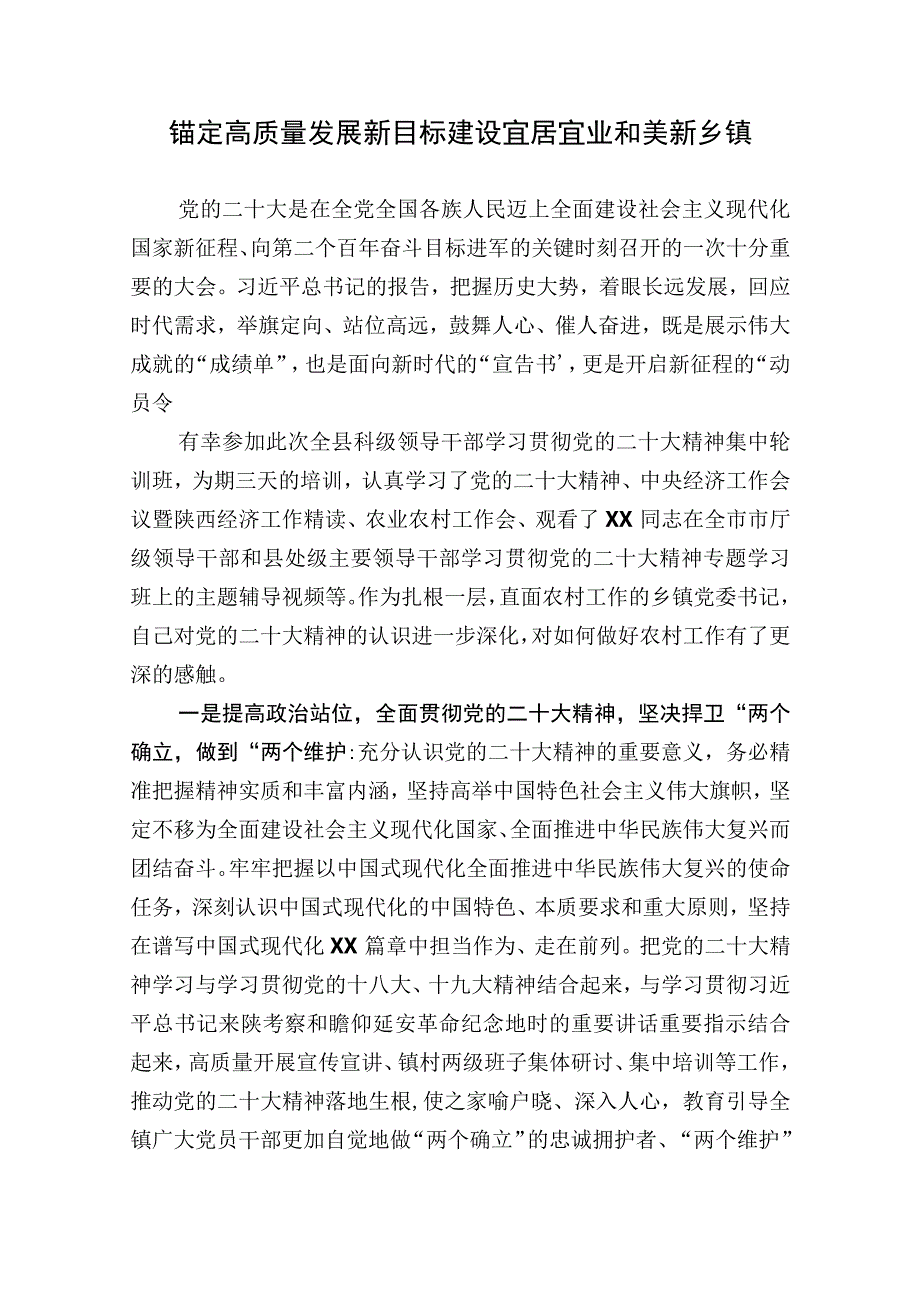 党的二十大精神轮训班学习心得体会：锚定高质量发展新目标建设宜居宜业和美新乡镇.docx_第1页