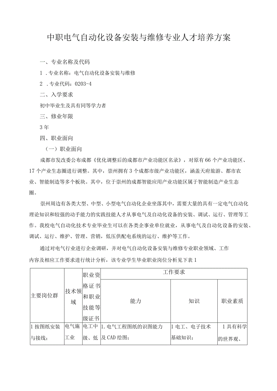 中职电气自动化设备安装与维修专业人才培养方案.docx_第1页