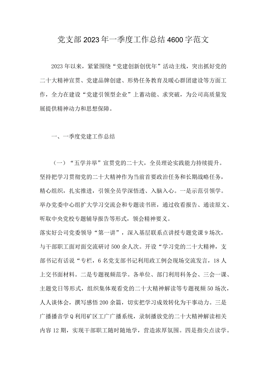 党支部2023年一季度工作总结4600字范文.docx_第1页